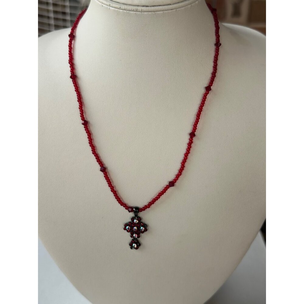 Unbranded Red Beaded Necklace w/Cross Charm 9" Height